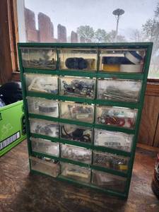 lot 549 image: 18-Drawer Green Plastic Small Parts Storage Organizer Cabinet with Contents