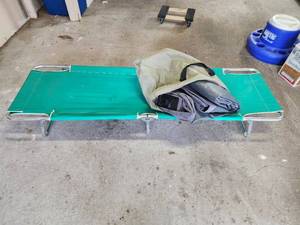 lot 587 image: Portable Folding Cot with Carry Bag and Queen Double High Air Mattress with Built in Pump