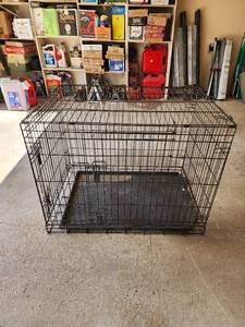 lot 589 image: Large Metal Wire Dog Crate Double Door Folding Kennel- needs tray replaced