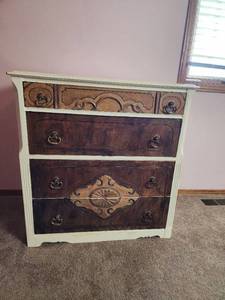 lot 732 image: 34in x 19in x 36in Antique Wood Dresser with Decorative Medallion - Two-Tone Cream and Brown