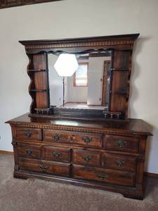 lot 733 image: 67in x 18.5in x 70in Traditional Solid Wood Dresser with Mirror and Display Shelves