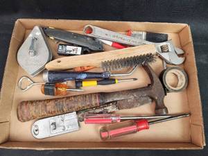 lot 740 image: Mixed Hand Tool Lot - Hammer, Screwdrivers, Wrench, Wire Brush