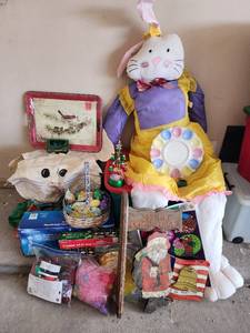 lot 746 image: Holiday Decor Collection - Glass Tree, Bunny Plush, and Wood Signs