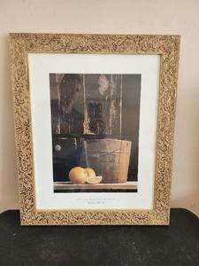 lot 761 image: 20in x 24in Framed Still Life Print - Wooden Bucket & Oranges