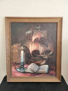 lot 762 image: 24in x28in Kurt Moses Original Oil Painting - Nautical Still Life with Ship and Books