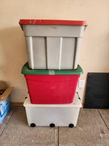 lot 768 image: 3 Plastic Totes with Lids- Need Cleaned