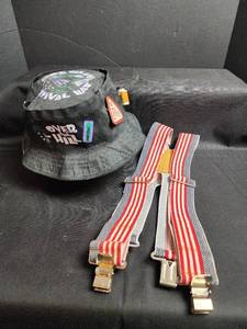 lot 191 image: Over The Hill Survival Hat with Novelty Pins and American Flag Suspenders