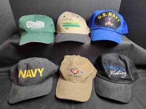 lot 194 image: Collection of 6 Baseball Caps - OReilly, John Deere, US Navy, Hawaii
