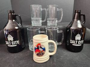 lot 215 image: Salt City Brewing Co. Beer Growler Set with Glass Mugs and Captain Morgan Stein