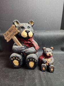 lot 228 image: Wooden Bear Figurines with Buffalo Plaid Scarves