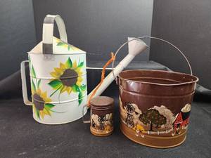 lot 263 image: Hand-Painted Metal Watering Can and Bucket Set with Farm Scene
