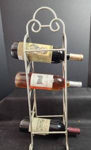 lot 265 image: Decorative Metal 3-Bottle Wine Rack Stand- Bottles are for Decor only