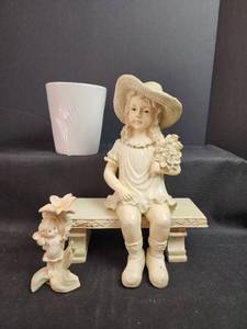 lot 267 image: Decorative Garden Figurine Set with Bench and White Ceramic Planter