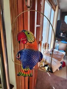 lot 276 image: Hand-Painted Wooden Parrot Bird Hanging Decoration with Metal Stand