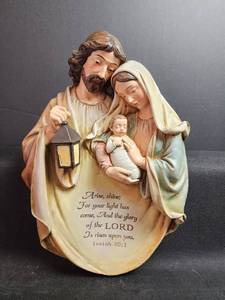lot 285 image: 14in x10in Holy Family Religious Figurine with Isaiah Scripture and Lantern