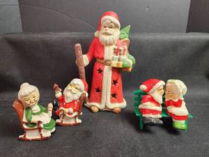 lot 290 image: Vintage Santa and Mrs Claus Figurines, SP Shakers and Candle Holder