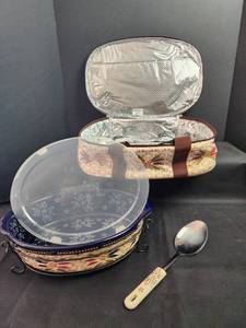 lot 53 image: Temptations Floral Casserole Dish Set with Carrier and Serving Spoon