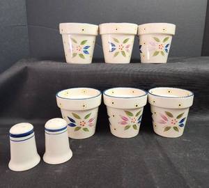 lot 56 image: Hand-Painted Ceramic Flower Pot Set with Salt & Pepper Shakers