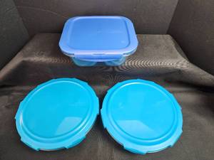 lot 62 image: Glass Food Storage Containers with Blue Lids