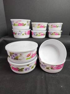 lot 72 image: Floral Pattern Food Storage Container Set with Lids - 2 Lids Missing