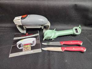 lot 79 image: Cooks Essentials Electric Jar Opener with Zakarian Knives and Bottle Opener - all are new