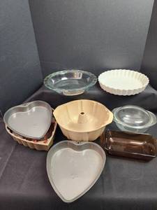 lot 108 image: Bakeware Collection - Pyrex Pie Plate, EKCO Heart Pans, Bundt Pan