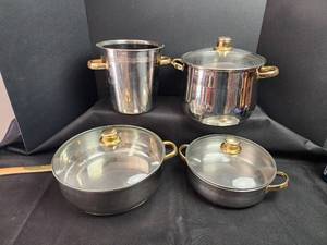 lot 111 image: Stainless Steel Cookware Set with Brass Handles and Glass Lids