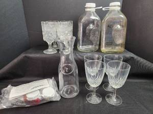 lot 120 image: Glass Drinkware Set - Crystal Wine Glasses, Milk Bottles and Carafe