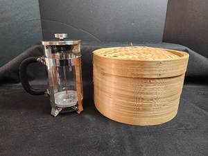 lot 132 image: French Press Coffee Maker with Bamboo Steamer Set