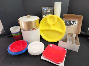 lot 146 image: Kitchen Supply Lot - Ice Bucket, Plates, Coffee Filters, and Utensils