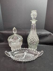 lot 156 image: Cut Glass Decanter Set with Divided Dish and Candy Jar