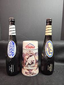 lot 161 image: Coors Rocky Mountain Legend Beer Stein with Coors Collectors Bottles- Bottles for decor only
