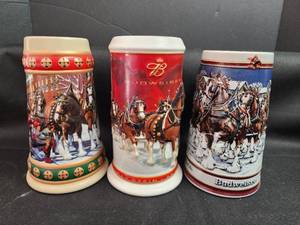 lot 164 image: Budweiser Holiday Stein Collection - Set of 3 Ceramic Steins