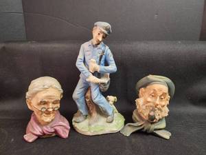 lot 171 image: Ceramic Character Figurine Set - Mail Carrier with Dog and Two Busts