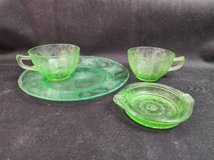 lot 172 image: Vaseline Depression Glass Green Floral Pattern 2 Tea Cups and Plate and Ashtray