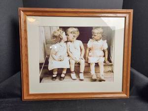lot 779 image: Sepia Photography Print in Wood Frame - Classic Children Scene 23in x 18.5in