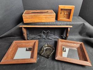 lot 791 image: Wooden Home Decor Set - Tissue Box, Clock, Wall Shelf, Mirrors & Horseshoe