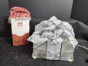 lot 794 image: Handcrafted Santa Claus Block and Winter Scene Glass Block Holiday Decor Set