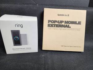 lot 798 image: Ring Doorbell Wired with Chime and Amicool USB-C External Drive Bundle Ring is Missing Door Chime