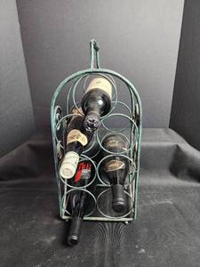 lot 799 image: Metal Wine Rack with Verdigris Finish - 6 Bottle Capacity- Bottles for display only