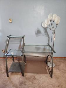 lot 817 image: Modern Glass Computer Desk with Metal Frame and Floor Lamp and Floor Mat