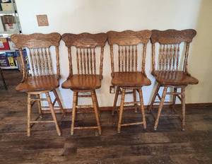lot 827 image: Oak Press Back Bar Height Chairs Set of 4 Seat Ht. 25in. - Needs Some TLC - Needs Tightened