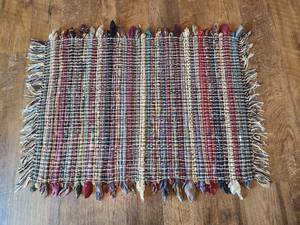 lot 828 image: Handwoven Necktie Rug - Multicolor Neckties with Fringe Edges 42in. x 32in. Very Cool - Burgundy, Tan, and Blue