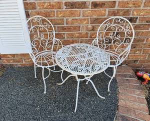 lot 930 image: Childrens White Wrought Iron Patio Bistro Set - Table and Two Chairs - Marked Mexico