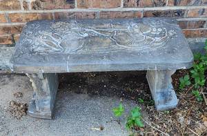 lot 938 image: Decorative Stone Garden Bench with Carved Angel Design 32in. x 16in. x 17in. - 3pc