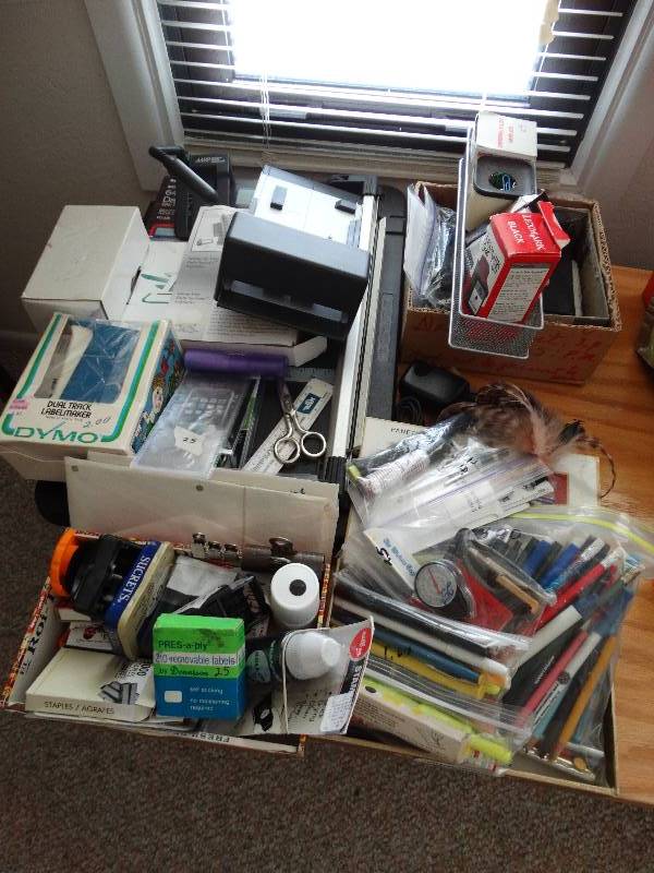 lot 215 image: Large lot of office supplies, imprinter, paper cutter