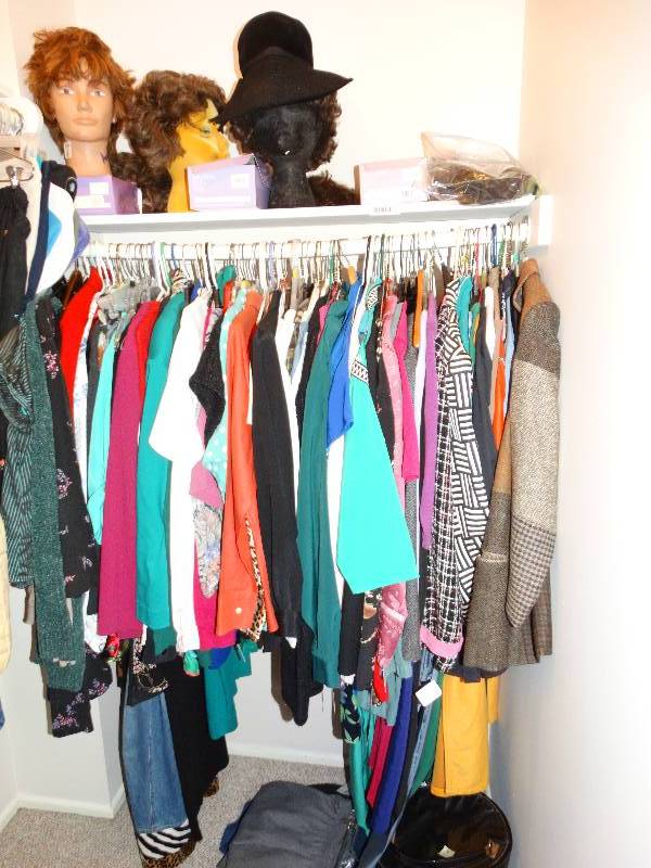 lot 254 image: Lot of womens clothing, wigs and wig heads in closet