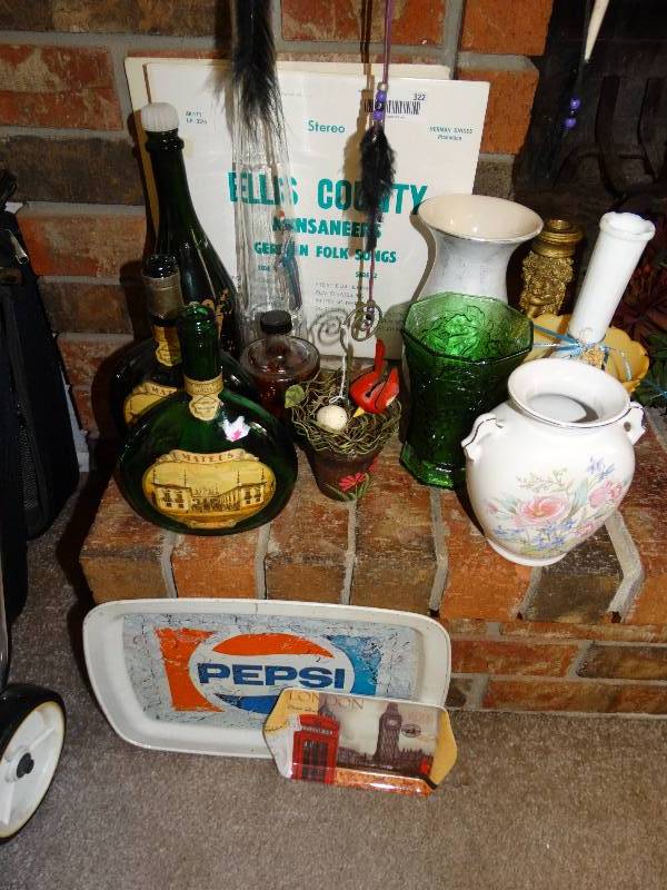 lot 322 image: Lot of vases trays wine bottles folk song albums misc.