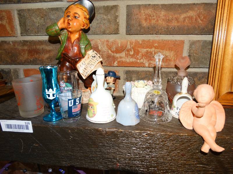 lot 326 image: Lot of collectible shot glasses, bells, perfume bottle, ceramic decor