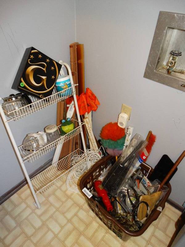 lot 361 image: Laundry basket w contents, mini blinds, clothes line cord, over door rack